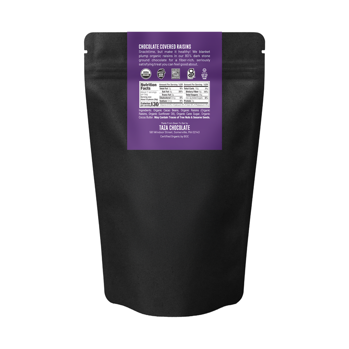 Back of a black stand-up pouch of Taza Chocolate Organic Chocolate Covered Raisins, featuring a purple label with product details and nutrition facts on a white background.
