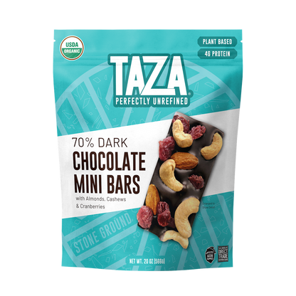 Taza Chocolate 70% Dark mini snack bars with almonds cashews & cranberries