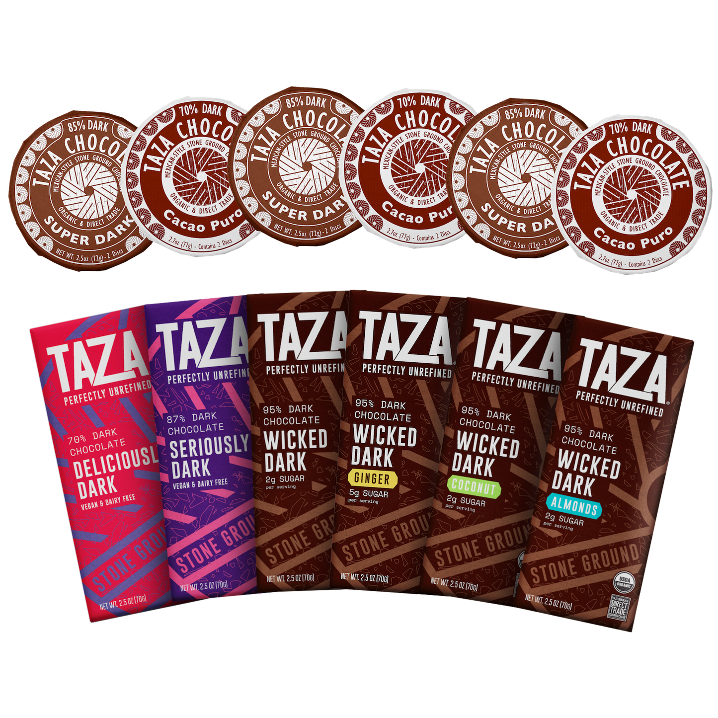 Taza Boldest Dark Gift Box with six dark chocolate bars and six Mexican-style chocolate discs, 70% to 95% cacao