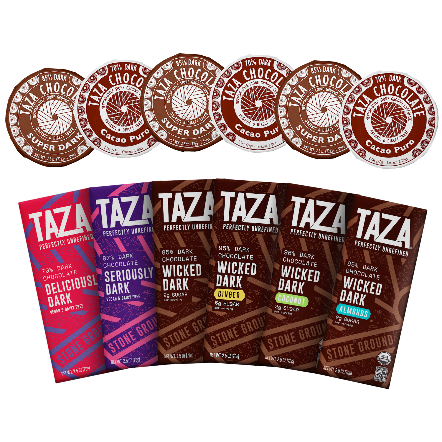 Taza Boldest Dark Gift Box with six dark chocolate bars and six Mexican-style chocolate discs, 70% to 95% cacao