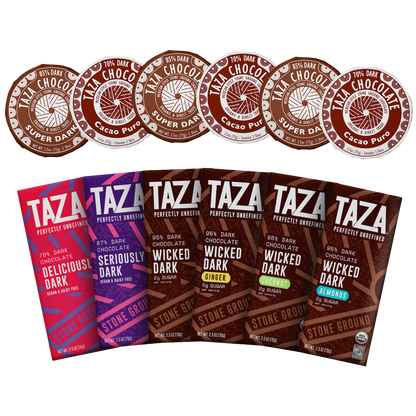 Taza Boldest Dark Gift Box with six dark chocolate bars and six Mexican-style chocolate discs, 70% to 95% cacao