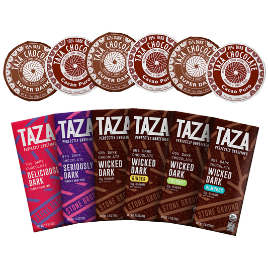 Taza Boldest Dark Gift Box with six dark chocolate bars and six Mexican-style chocolate discs, 70% to 95% cacao