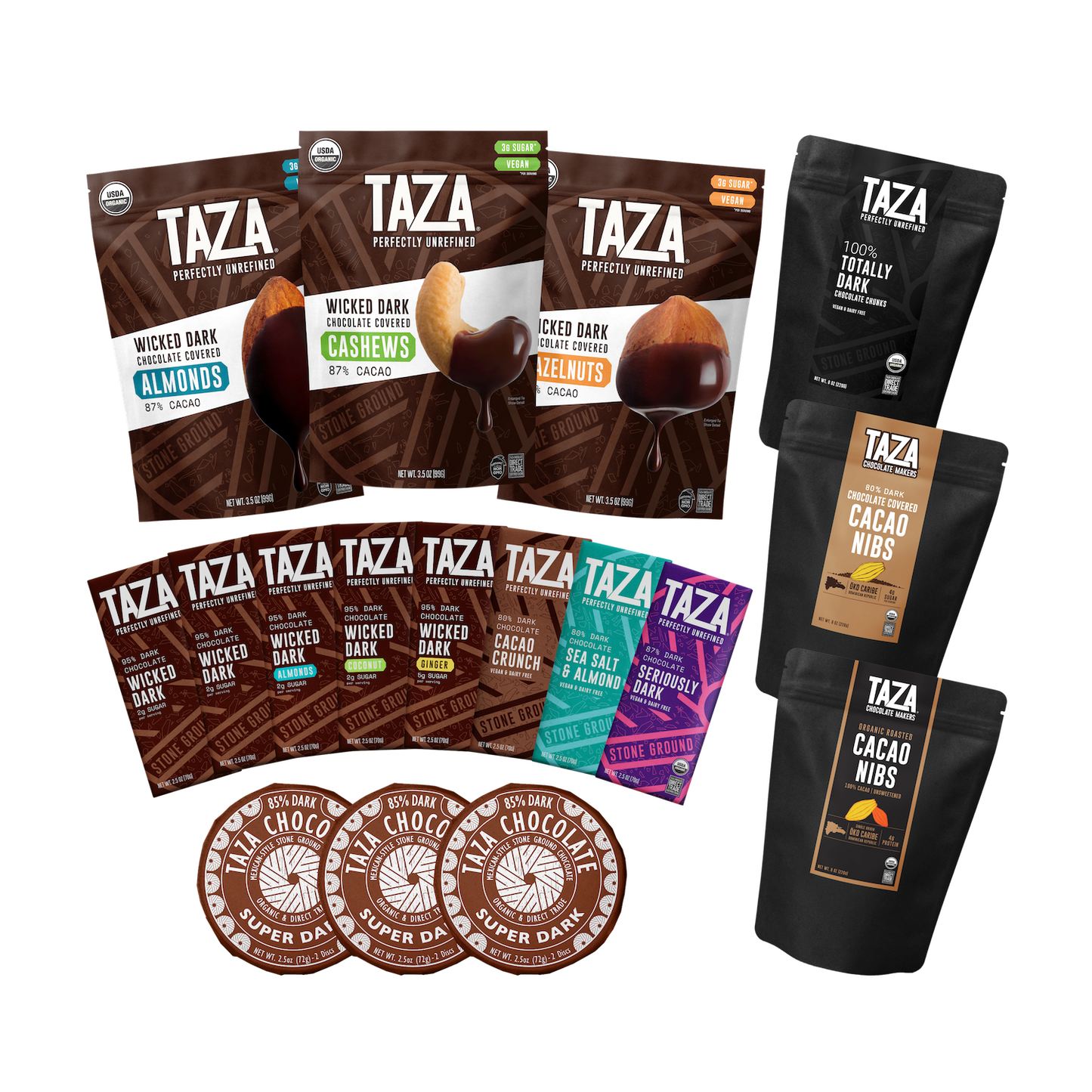 Contents of the Taza Chocolate Ultra Dark Chocolate Assortment including 8 chocolate bars, 3 chocolate discs, and 6 bags of chocolate snacks.