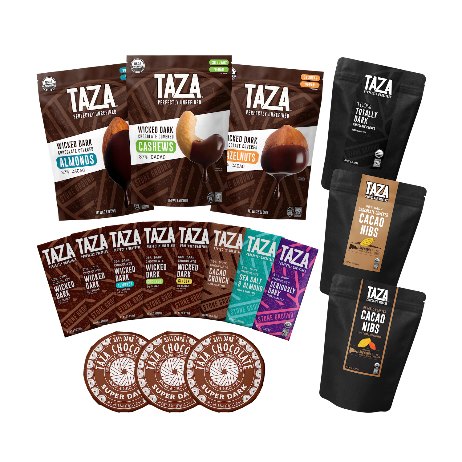 Contents of the Taza Chocolate Ultra Dark Chocolate Assortment including 8 chocolate bars, 3 chocolate discs, and 6 bags of chocolate snacks.