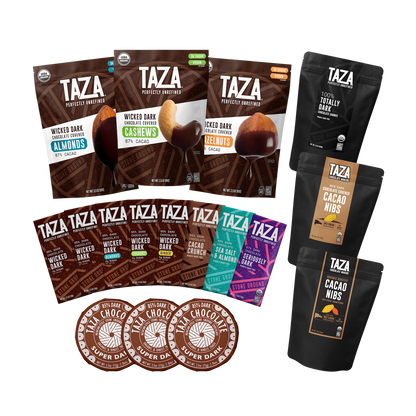 Contents of the Taza Chocolate Ultra Dark Chocolate Assortment including 8 chocolate bars, 3 chocolate discs, and 6 bags of chocolate snacks.