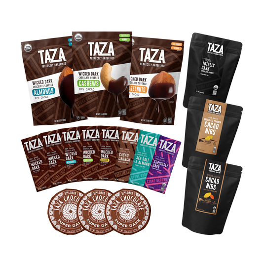 Contents of the Taza Chocolate Ultra Dark Chocolate Assortment including 8 chocolate bars, 3 chocolate discs, and 6 bags of chocolate snacks.