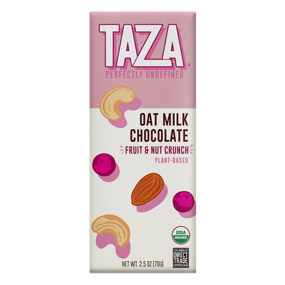 Taza Oat Milk Chocolate Bar, Fruit & Nut, smooth creamy dairy free chocolate