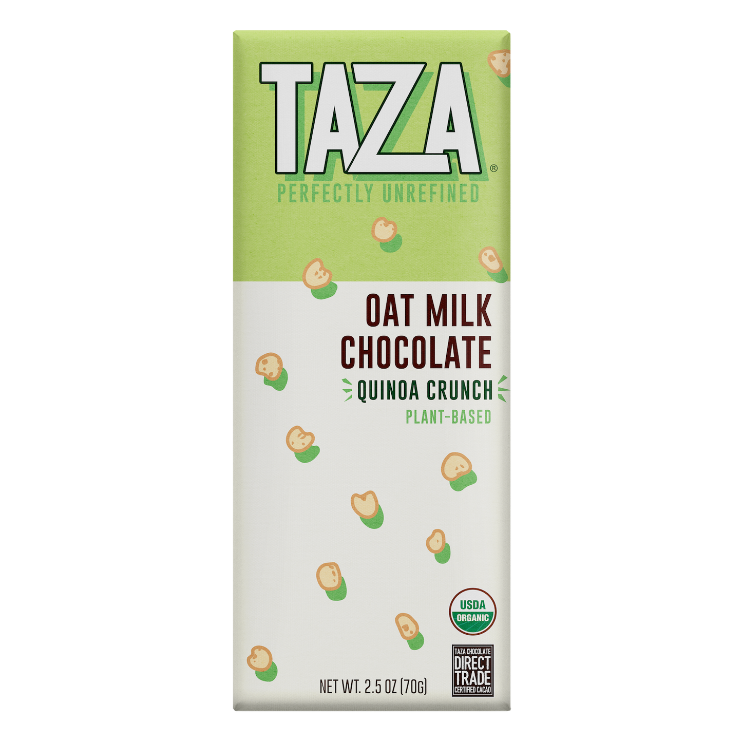 Taza Oat Milk Chocolate Bar with Quinoa Crunch, smooth creamy dairy free vegan chocolate