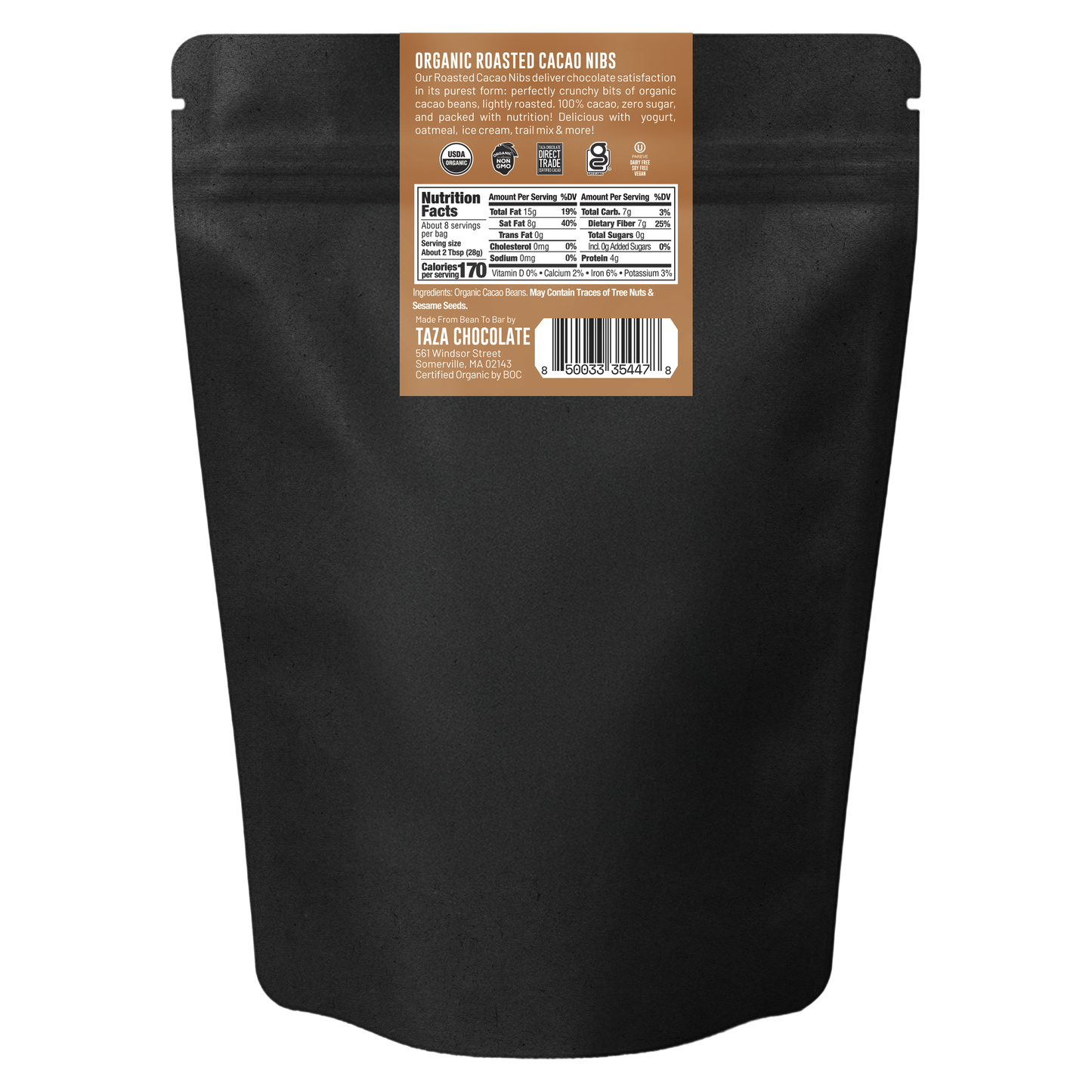 Black package of Taza Chocolate Roasted Cacao Nibs with a label on a white background