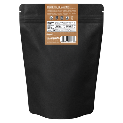 Black package of Taza Chocolate Roasted Cacao Nibs with a label on a white background