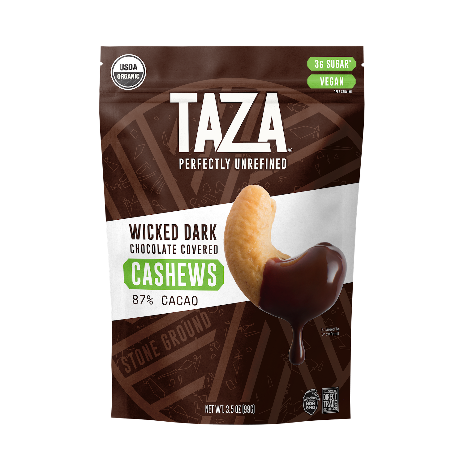 Taza Wicked Dark Chocolate Covered Cashews in resealable pouch